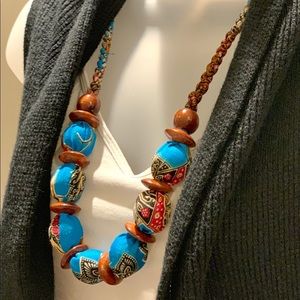 Batik fabric wood necklace